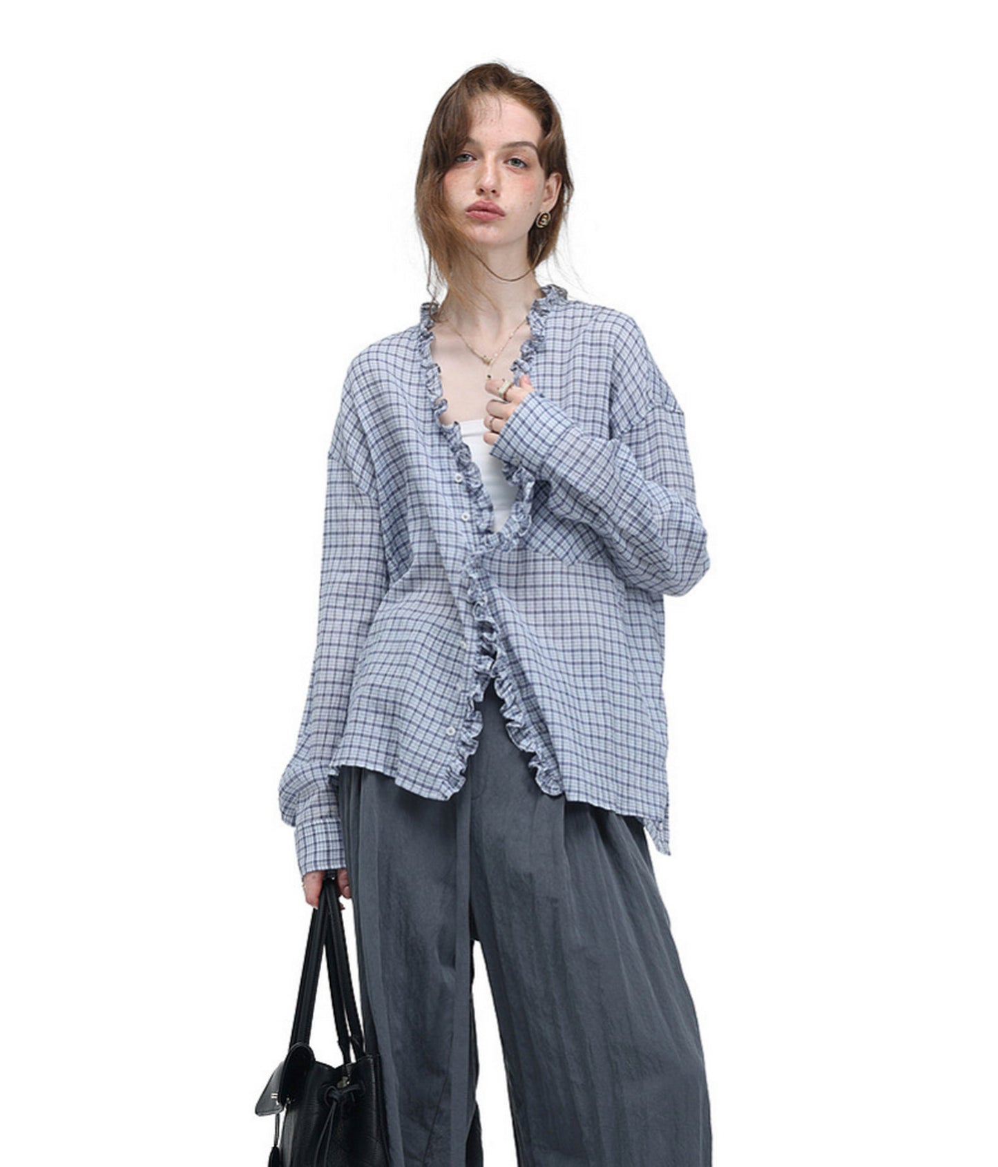 Textured V-Neck Checkered Shirt