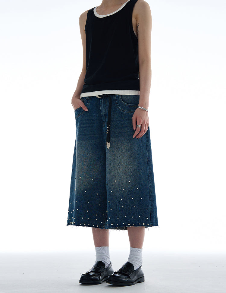 Niche pearl inlay design denim pants