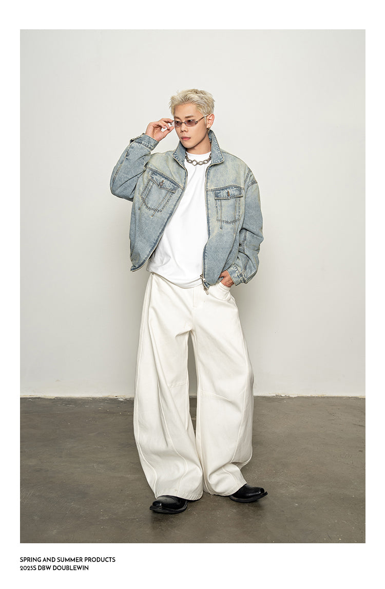 Wide-Shoulder Washed Denim Jacket