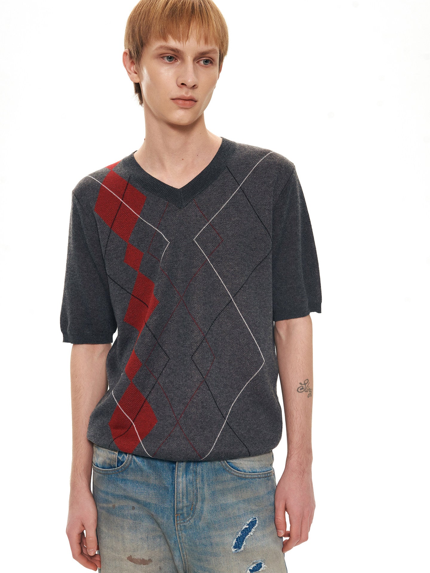 Double-Yarn Patchwork V-Neck Sweater