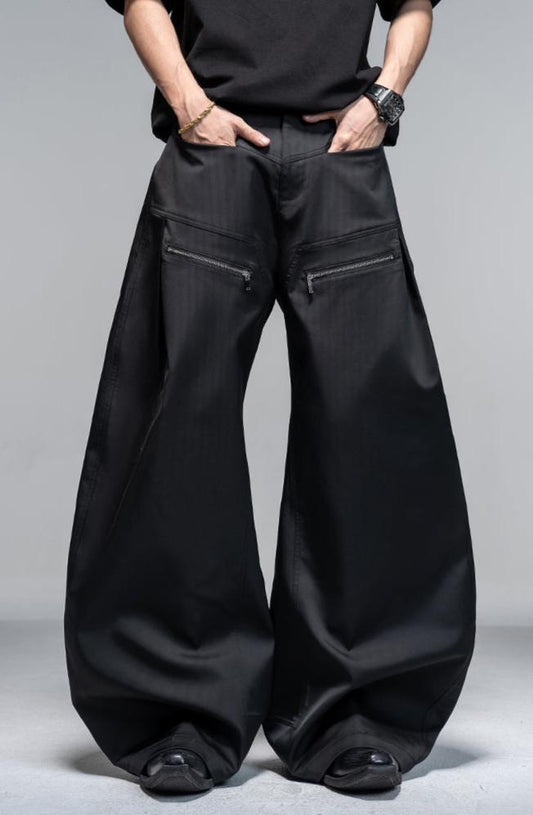 Zipper Reverse Pleated Wide Leg Pants