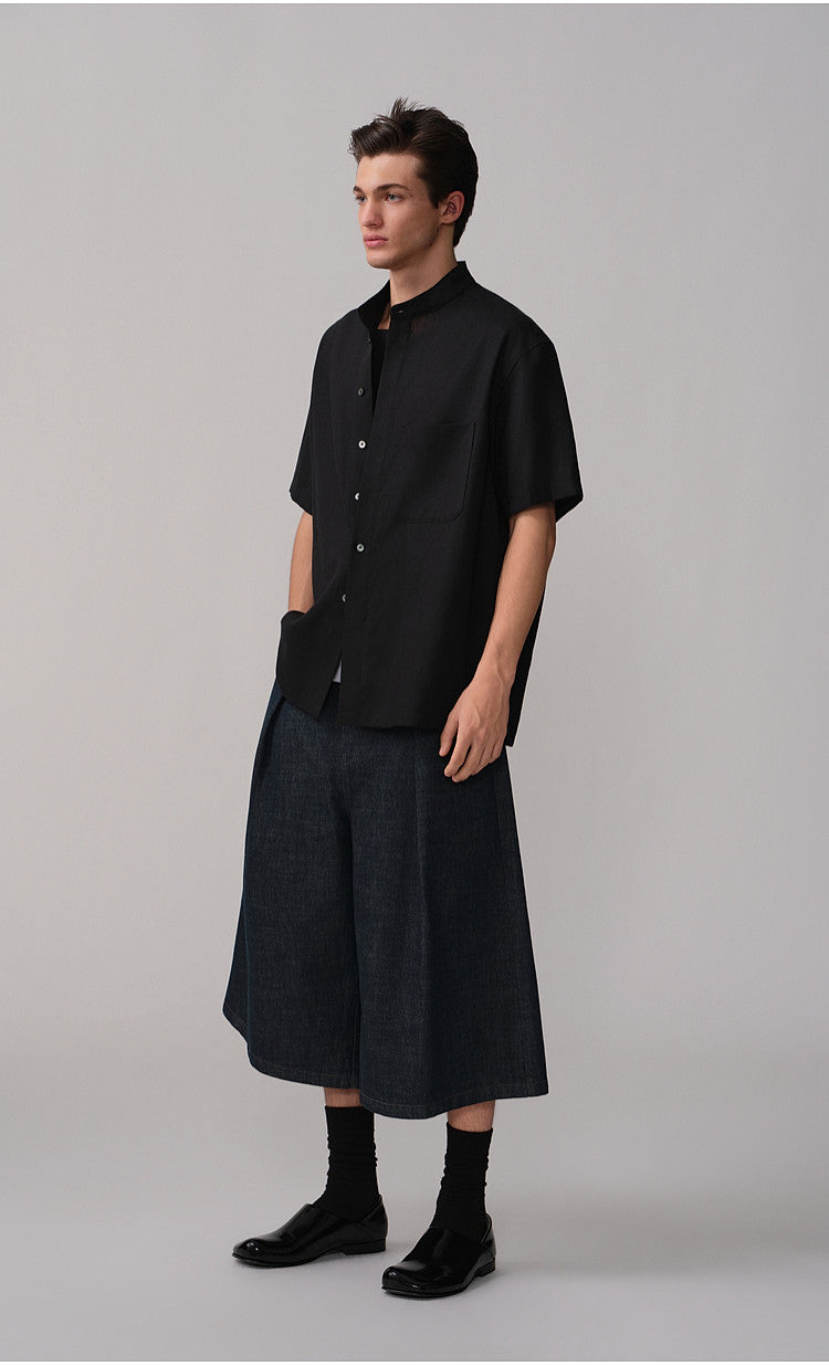 Casual Shirt with Stand-Up Collar and Pockets