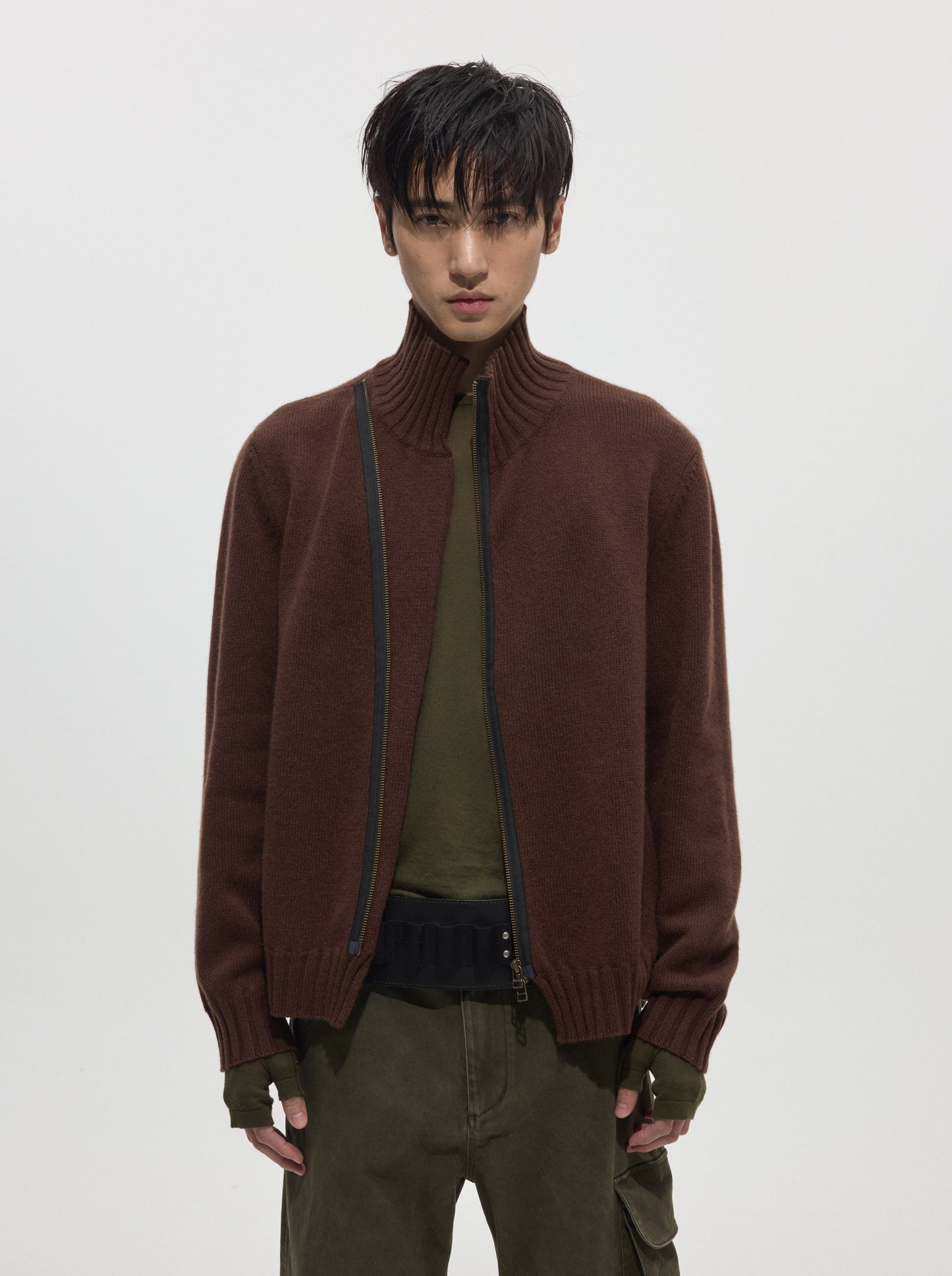 Diagonal-zip Wool Knit Cardigan