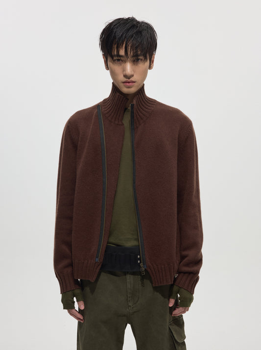 Diagonal-zip Wool Knit Cardigan