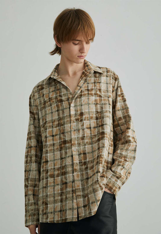 Suede Checked Damaged Long Sleeved Shirt