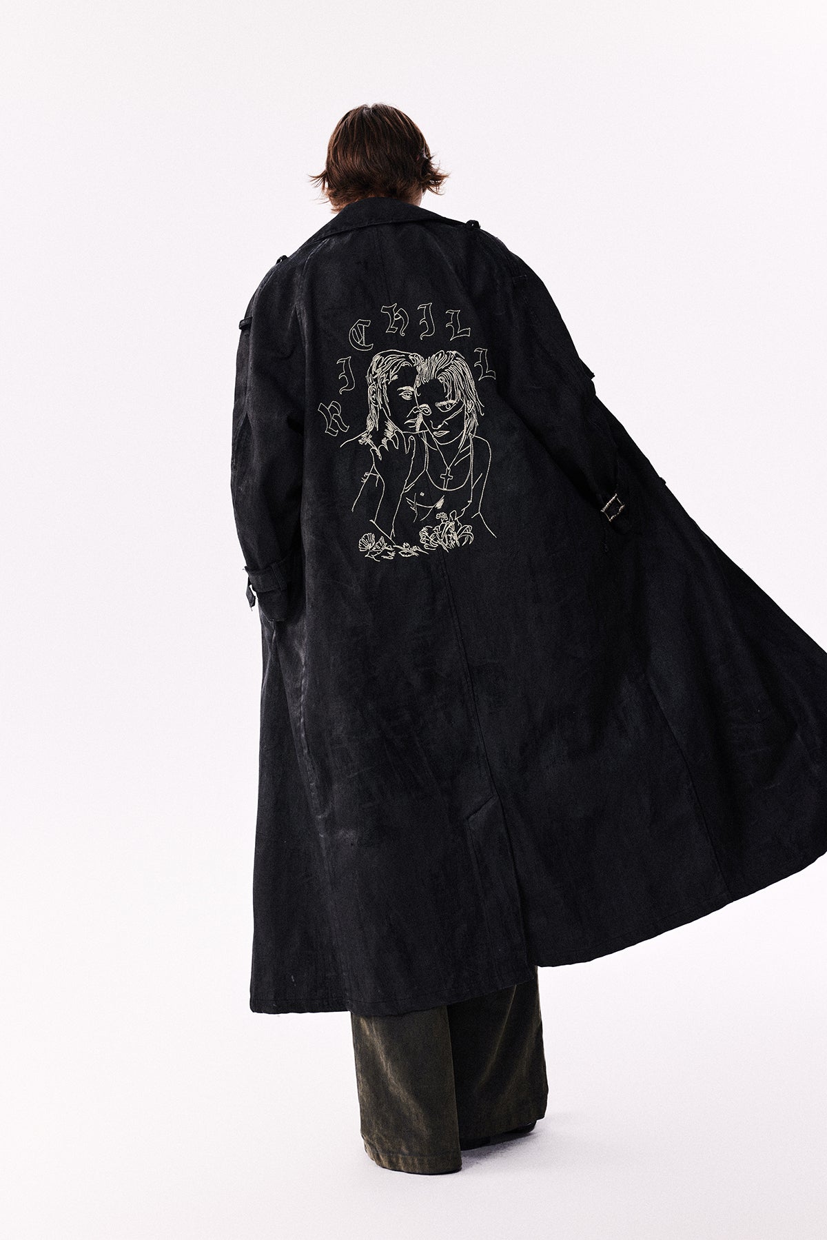 Wax Destroy Embroidery Long Coat