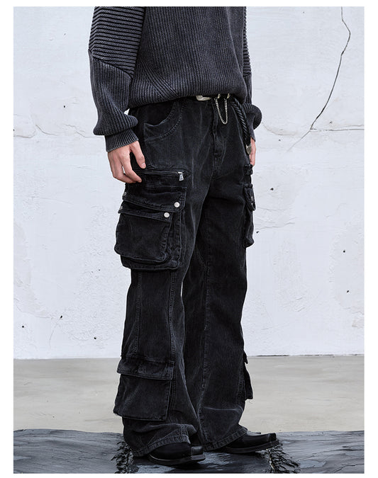 Multi-pocket loose straight wide pants