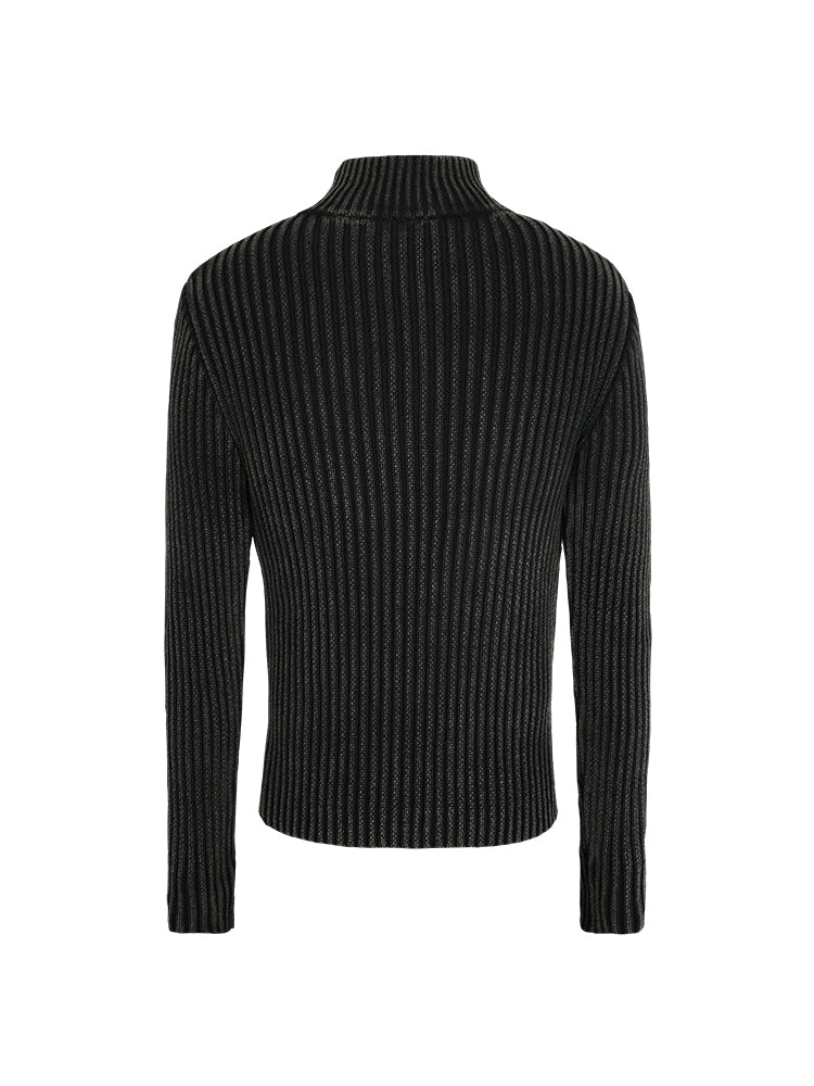 Damage-processed half-zip sweater