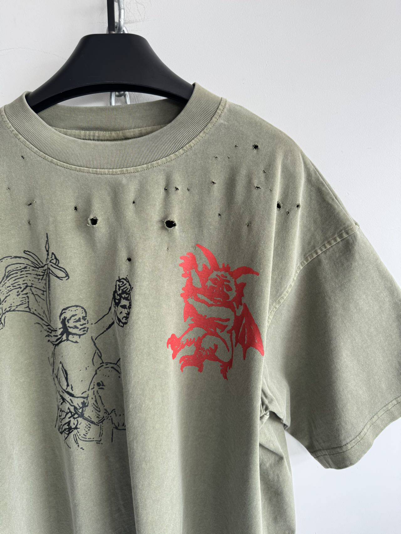 Distressed Print T-Shirt with Ripped Details