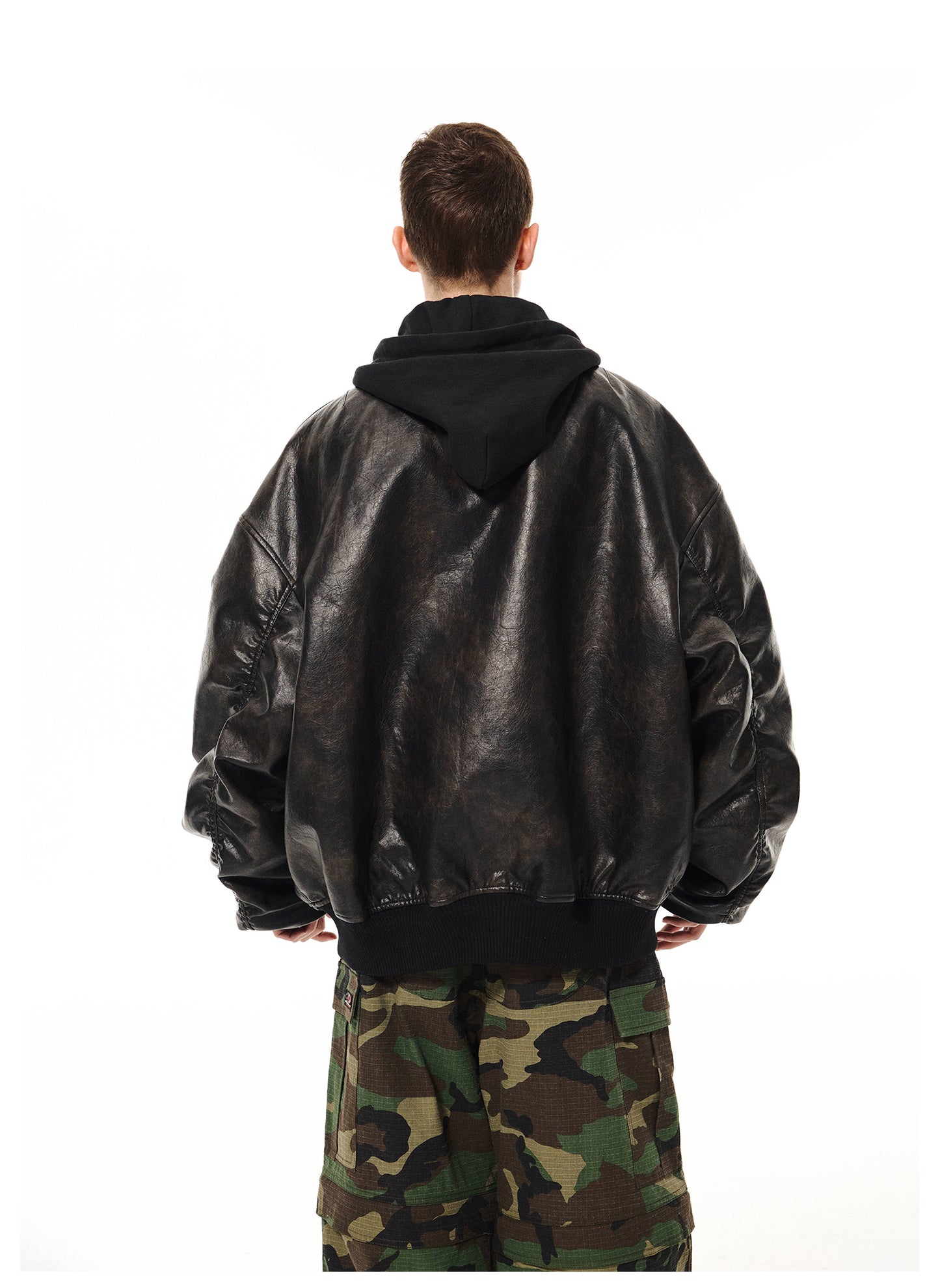 Heavyweight removable hooded bomber leather jacket 