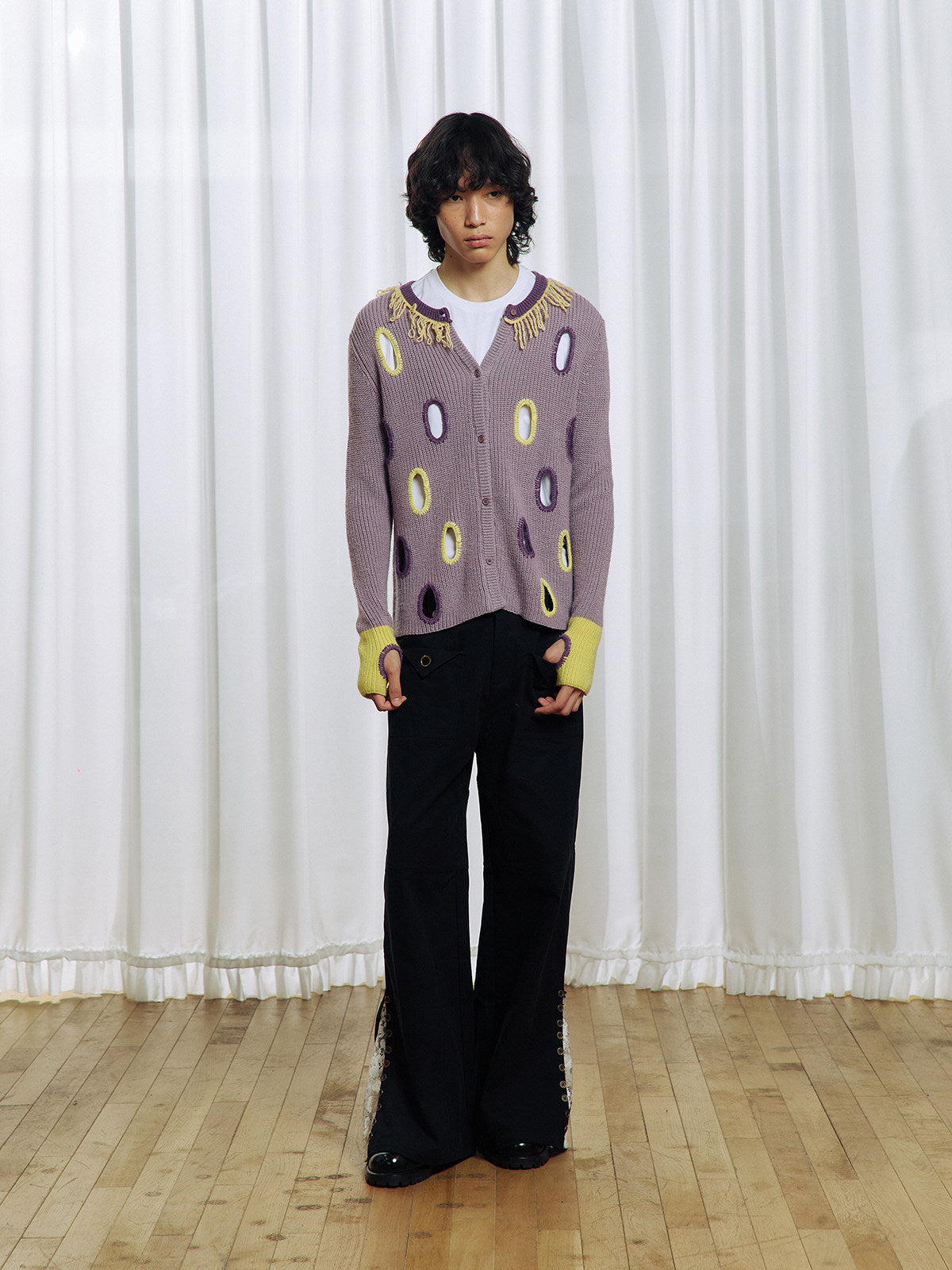 Hollowed-out wool blend cardigan