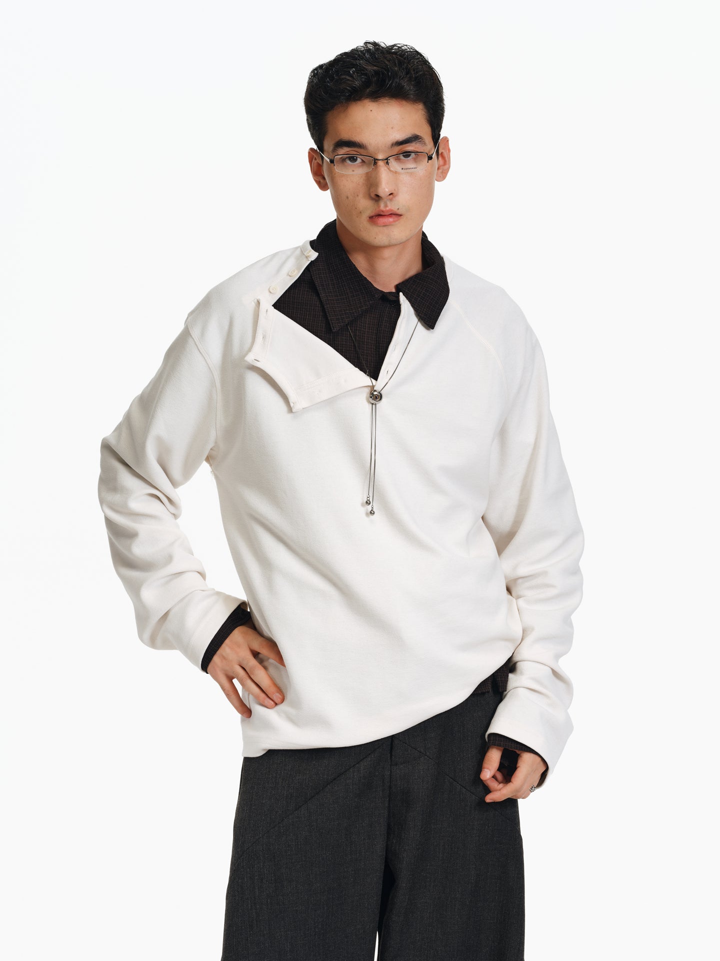Henry Collar Diagonal Button T-Shirt
