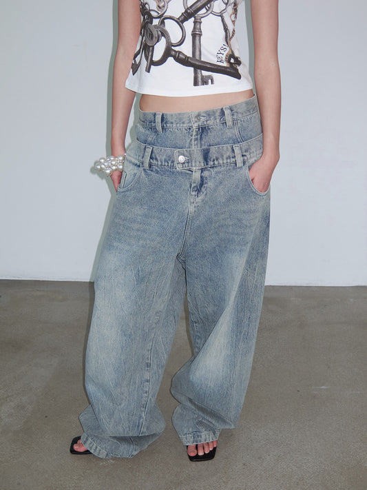 Casual Fake Two-Piece Mid-Low-Rise Jeans