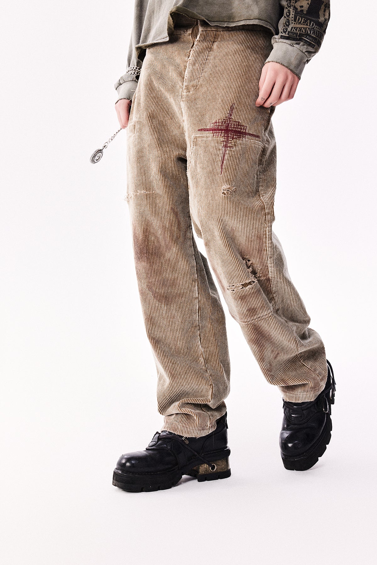 Damaged Embroidery Corduroy Casual Pants