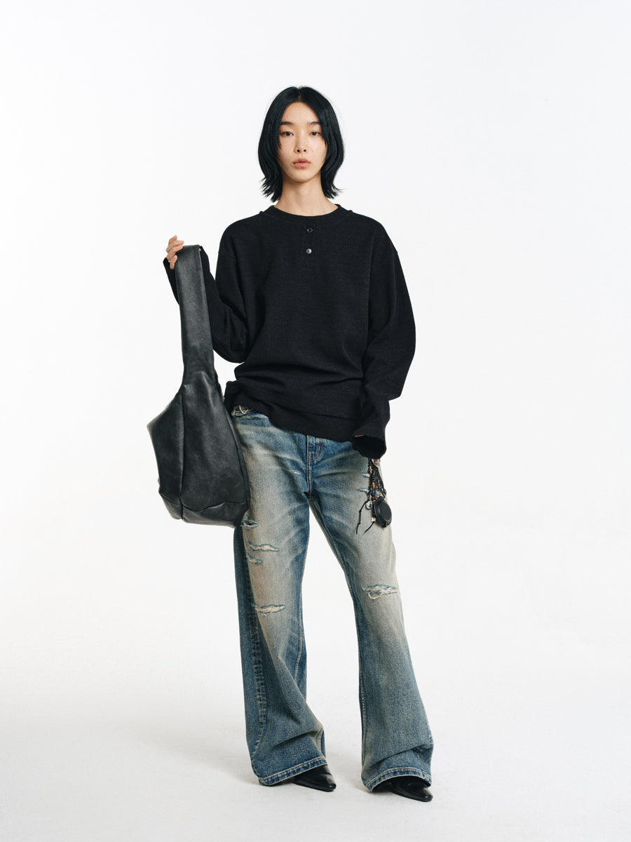 Hand Stitched Ripped Slim Straight Jeans