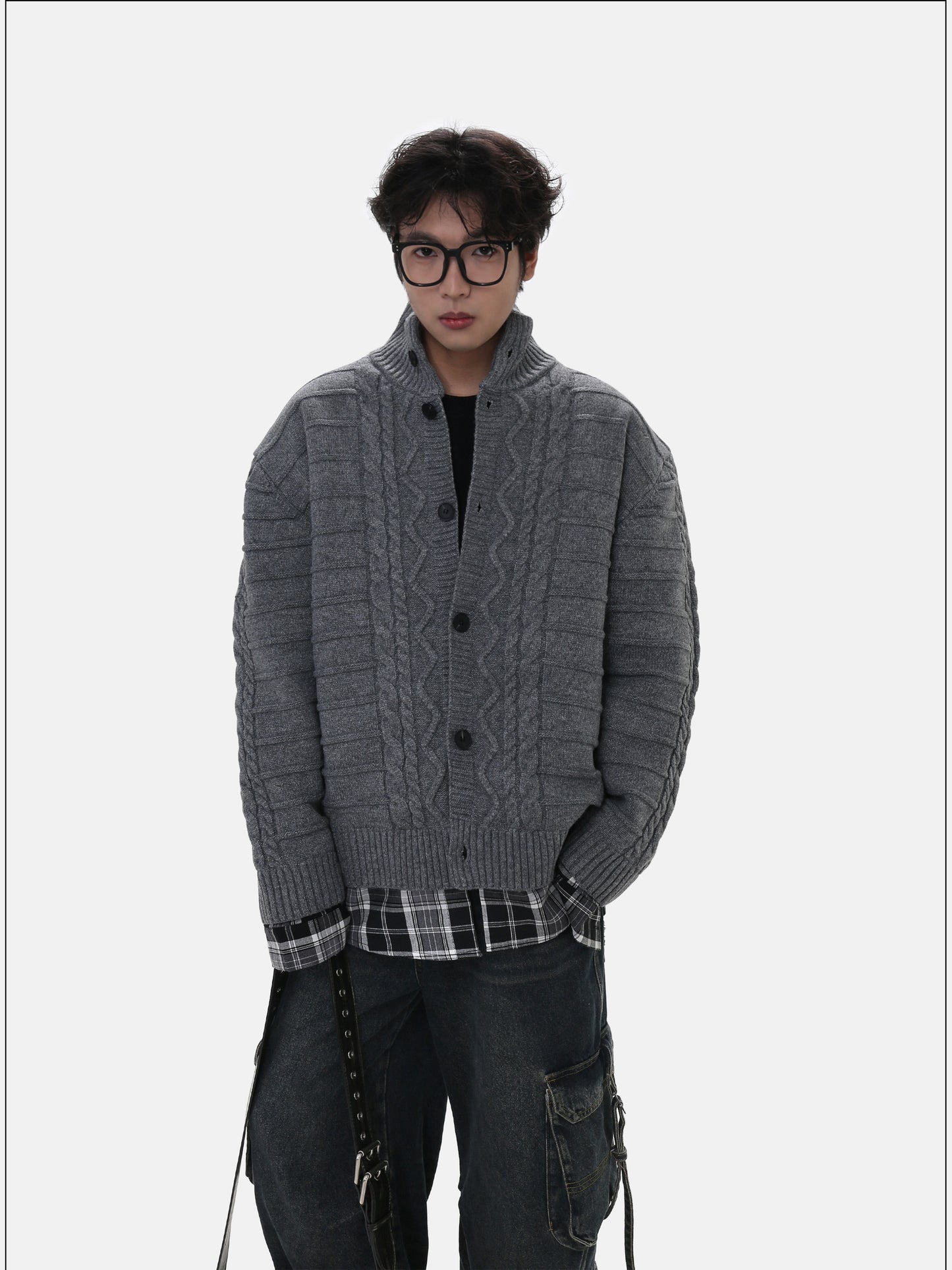 Patchwork Stand Collar Cardigan