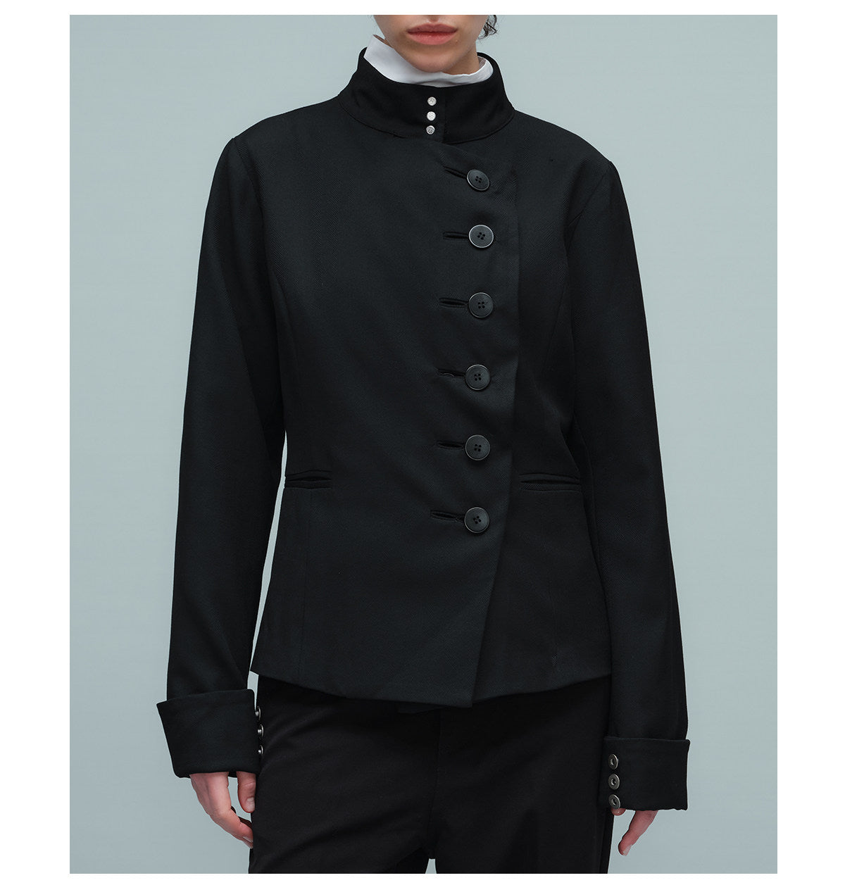 Double-Layer Jacket with Stand-Up Collar and Slanted Collar