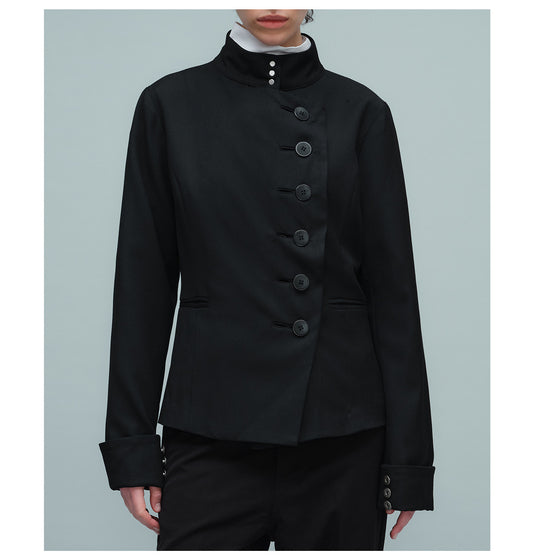 Double-Layer Jacket with Stand-Up Collar and Slanted Collar