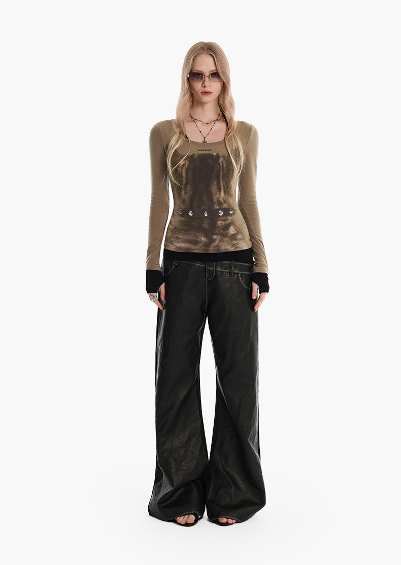 Faux Two-Piece Double-Waist Patchwork Leather Pants