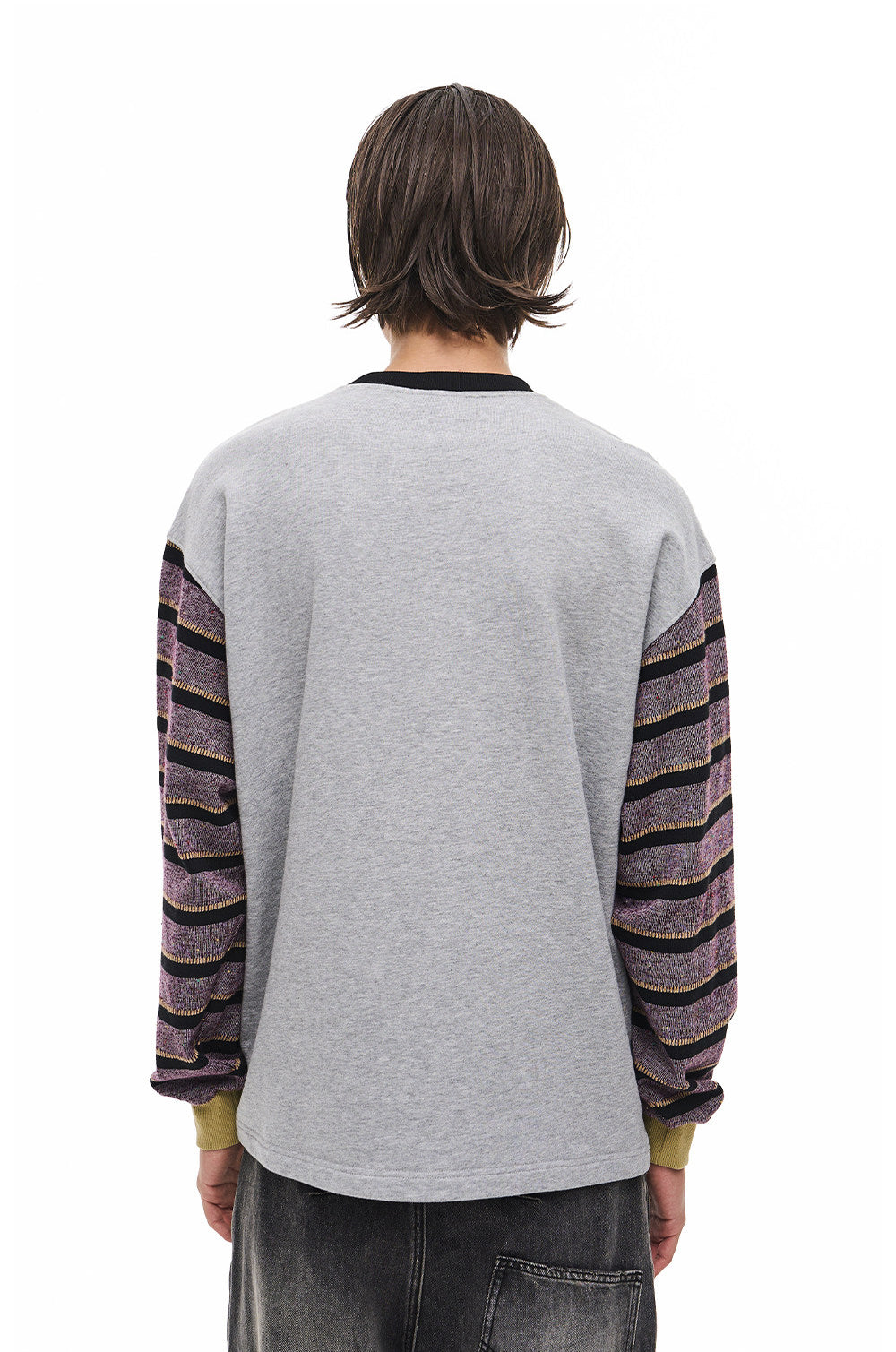 Striped Contrast-Color Round-Neck Sweatshirt