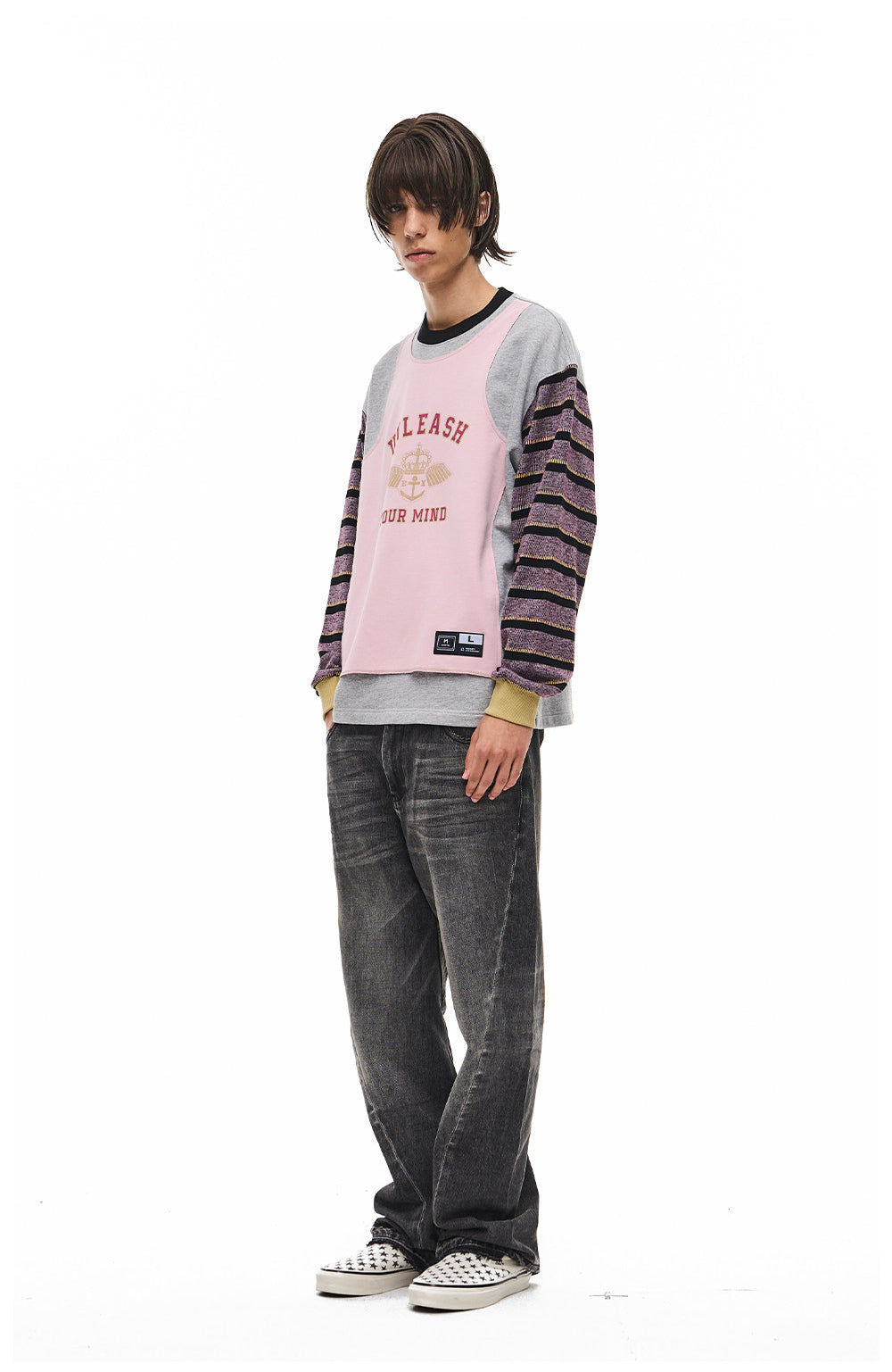 Striped Contrast-Color Round-Neck Sweatshirt
