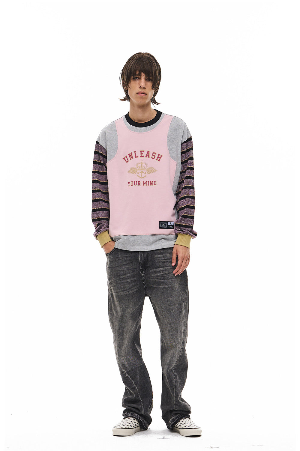 Striped Contrast-Color Round-Neck Sweatshirt