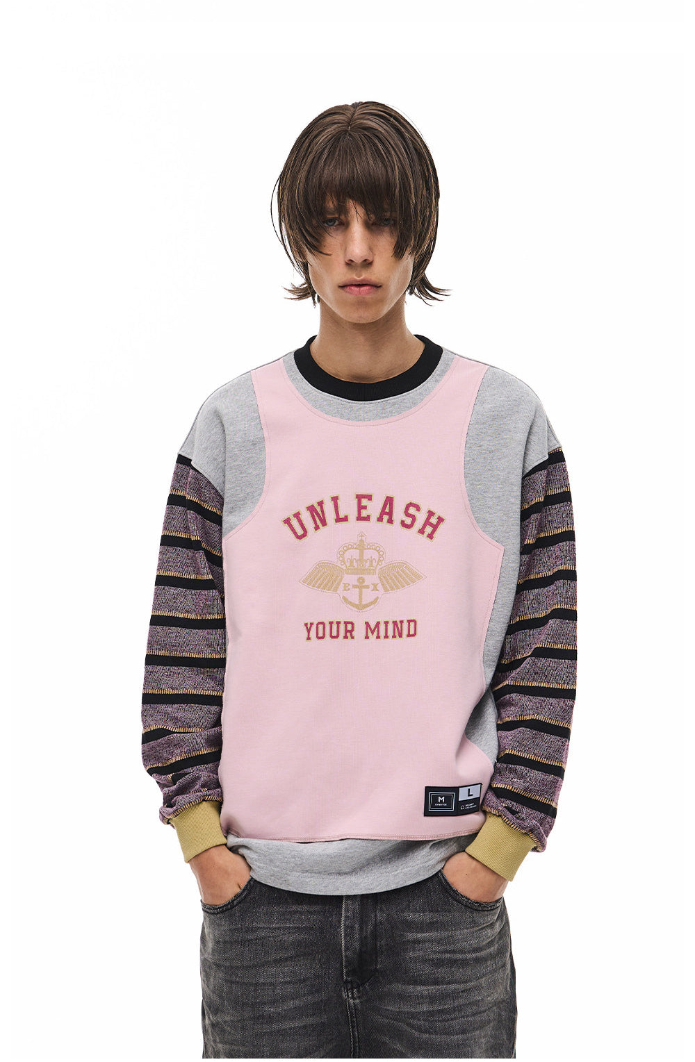 Striped Contrast-Color Round-Neck Sweatshirt