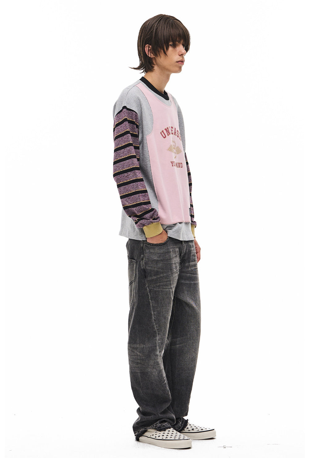 Striped Contrast-Color Round-Neck Sweatshirt
