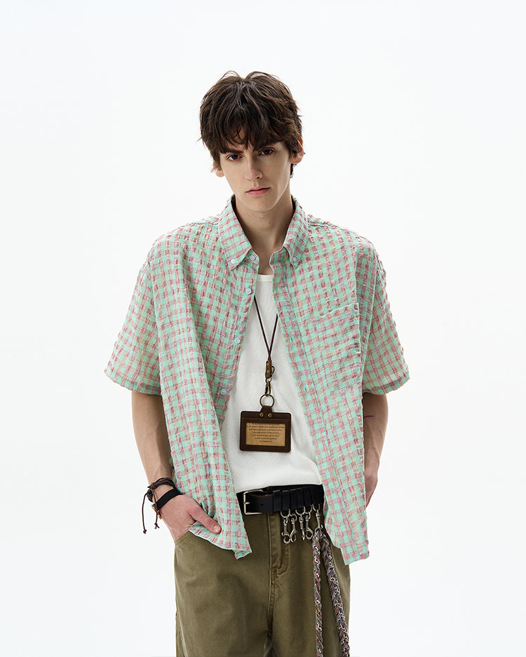 Casual seersucker plaid shirt