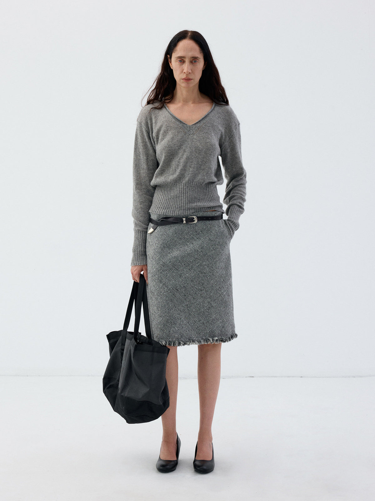Wool Roll-Sleeve V-Neck Sweater