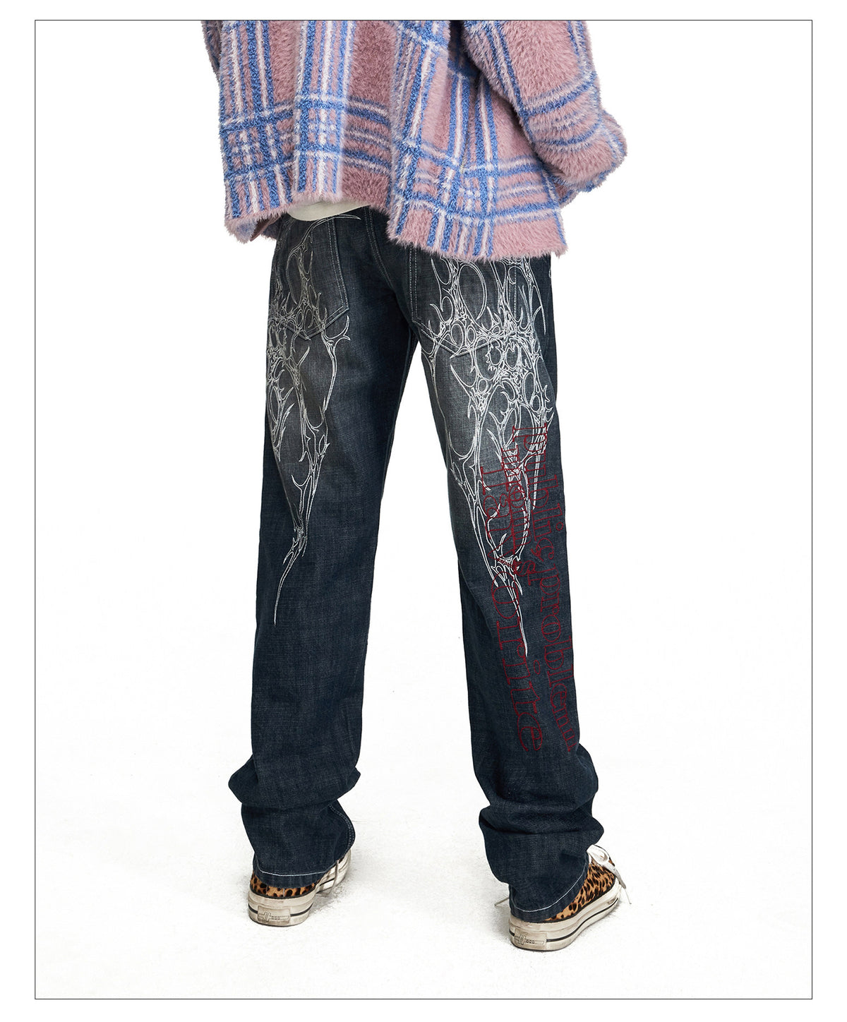 Spray-Distressed Denim Pants with Embroidery
