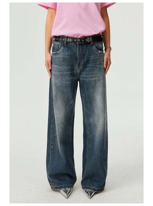 Pure cotton washed straight jeans