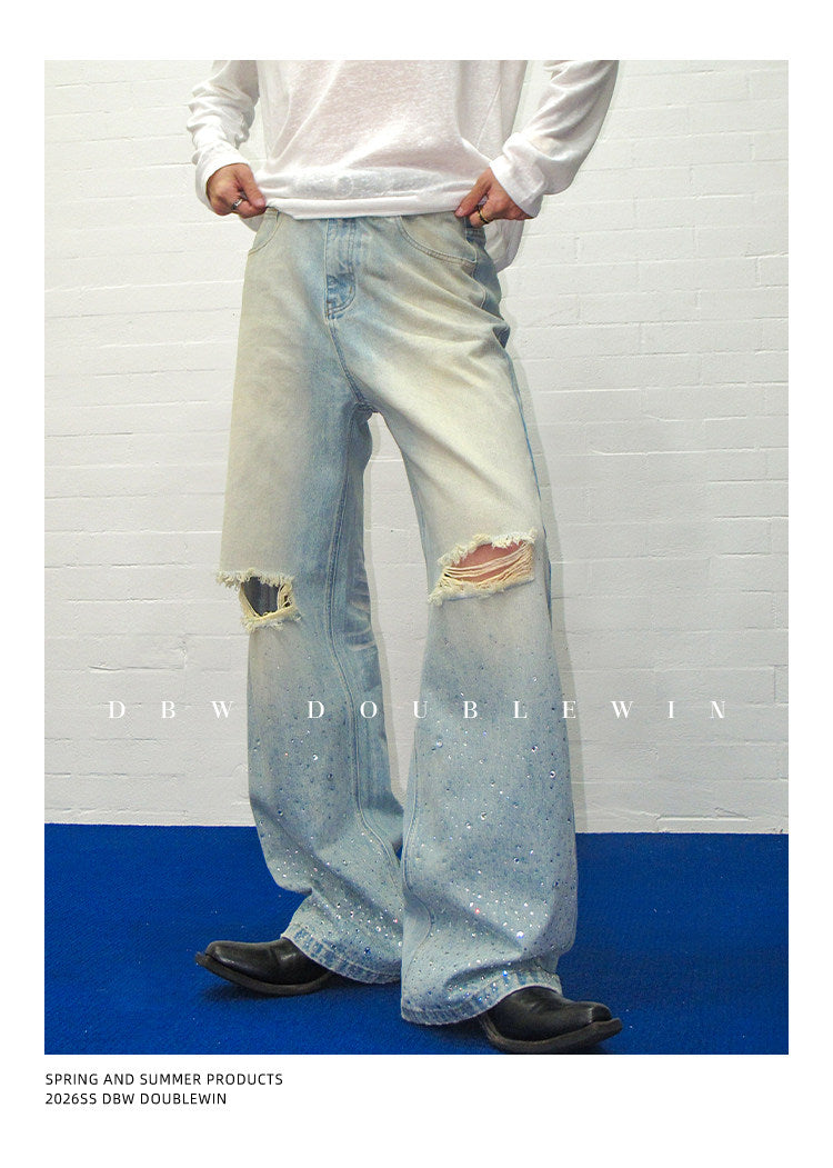 Rhinestone-Embellished Gradient Straight-Leg Jeans