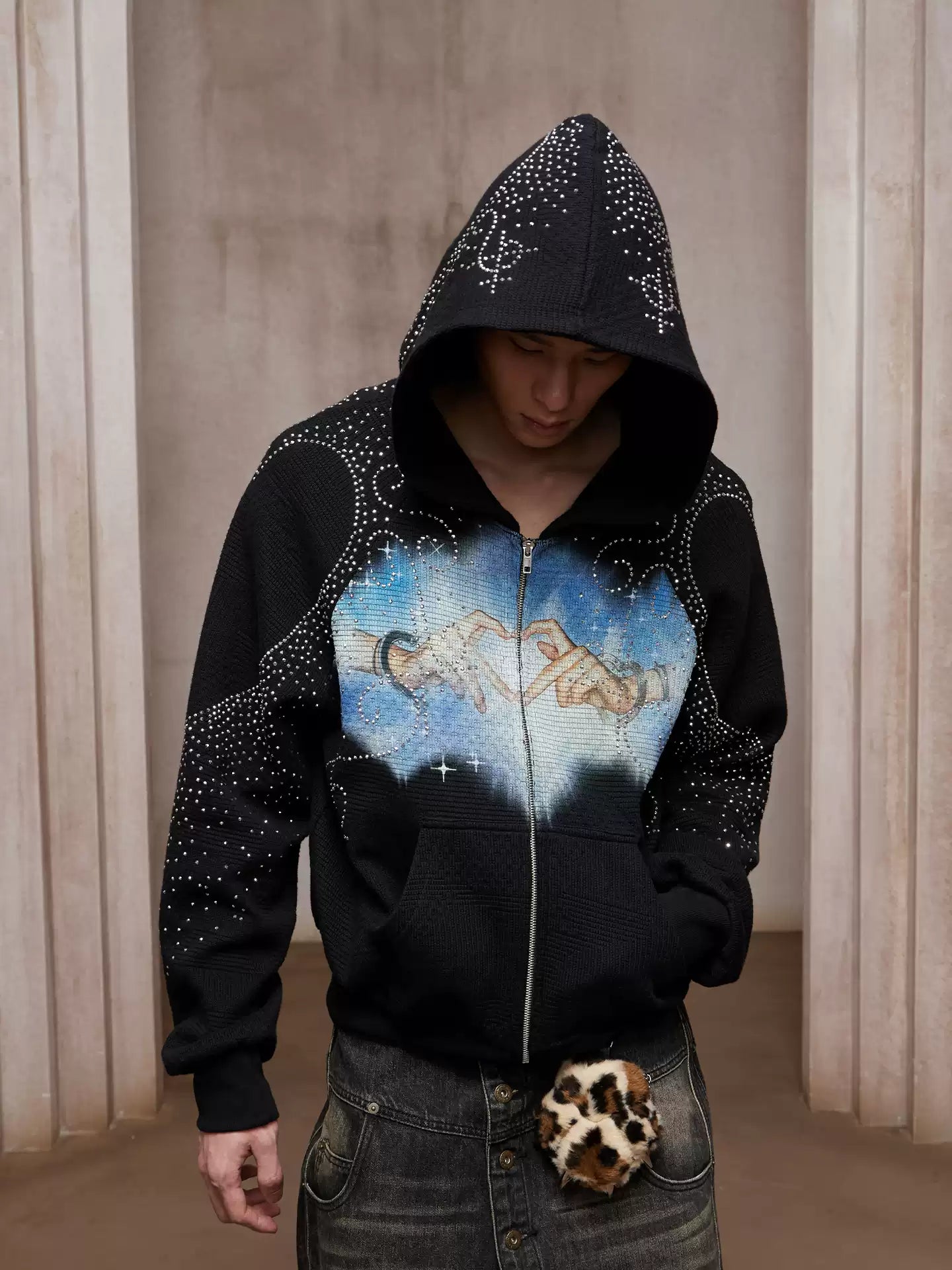 Rhinestone Short Wide Zipper Hoodie