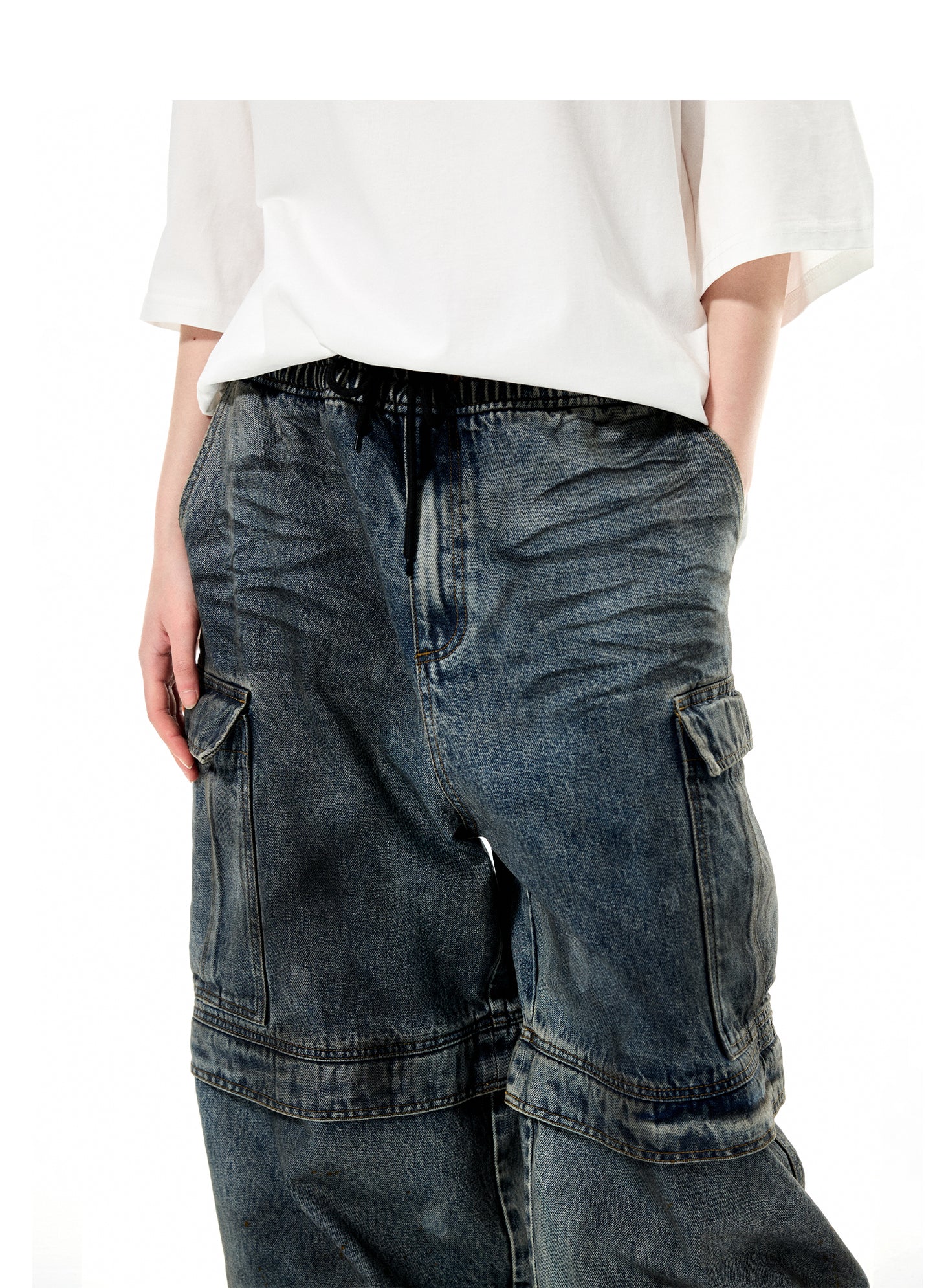 Washed Multi-pocket Detachable Denim Pants