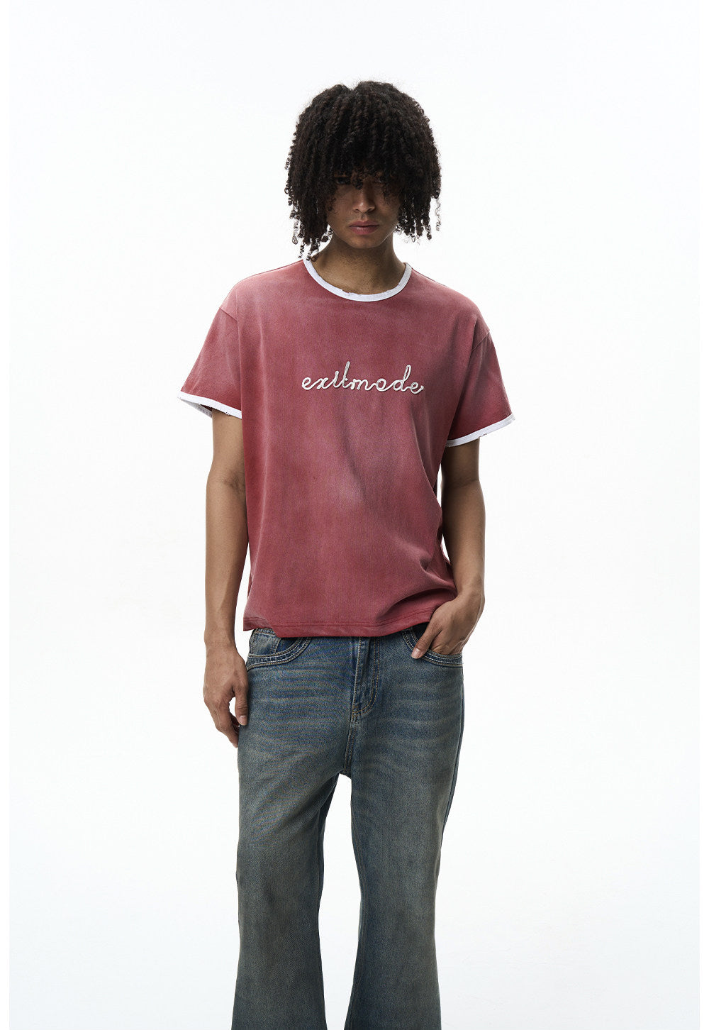 Washed Color-Block Embroidered T-Shirt
