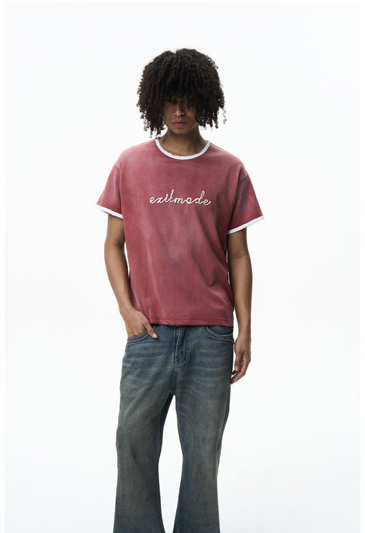 Washed Color-Block Embroidered T-Shirt