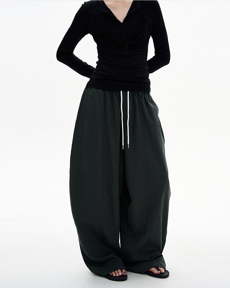 Drawstring Curved Wide-Leg Pants