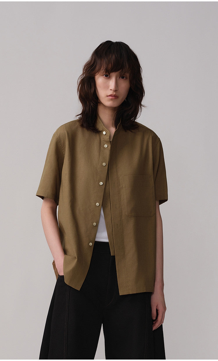 Casual Shirt with Stand-Up Collar and Pockets