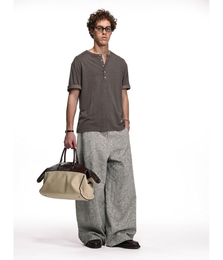 Letter-Embroidered Henley Collar T-Shirt