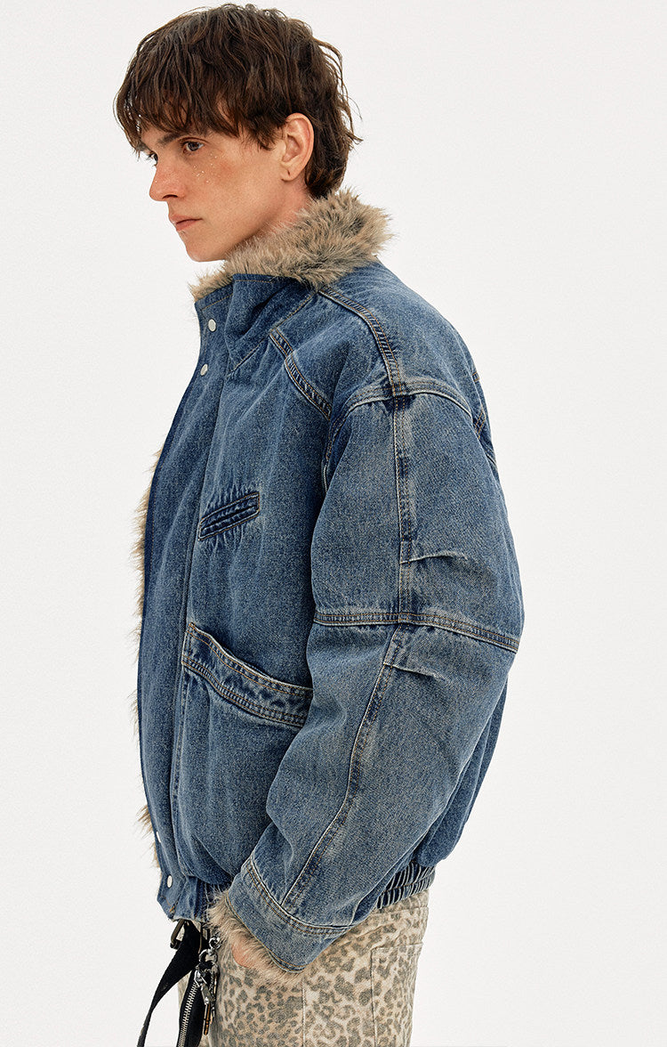 Denim jacket with fur collar