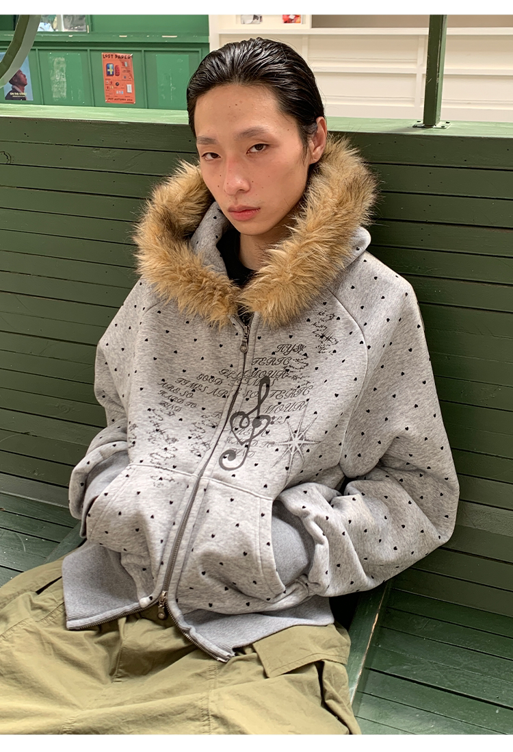 Heart-Print Polka Dot Hooded Sweatshirt