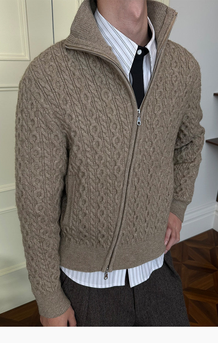 Diagonal Zipper Cable-Knit Cardigan