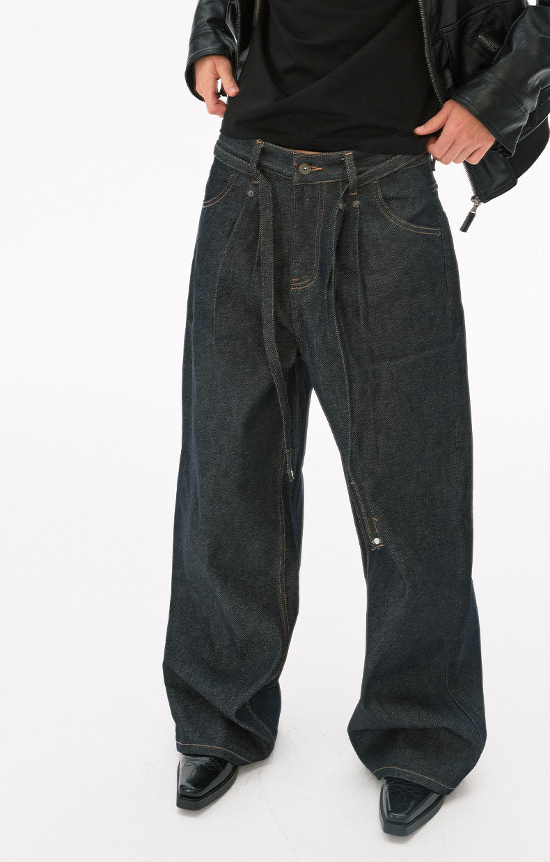 Minimalist Lace-Up Raw Denim Pants