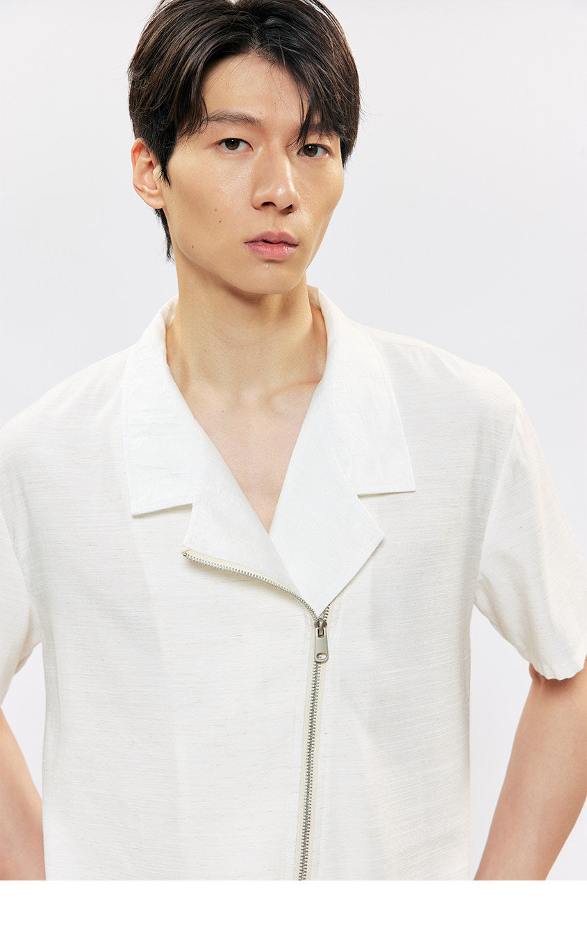 Multi-form Collar Shirt with Diagonal Zipper