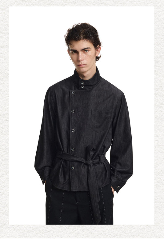 Diagonal Placket Stand-Up Collar Workwear Shirt