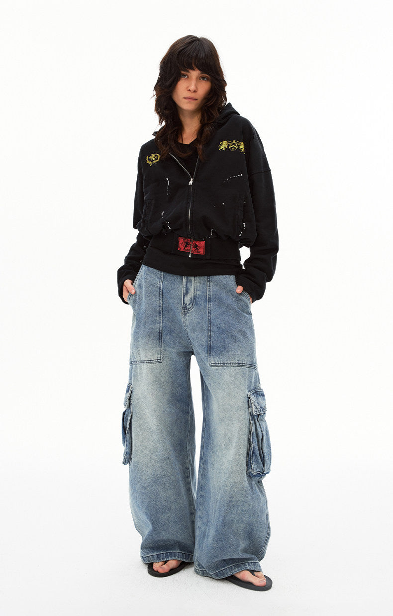 Large-Pocket Washed Jeans
