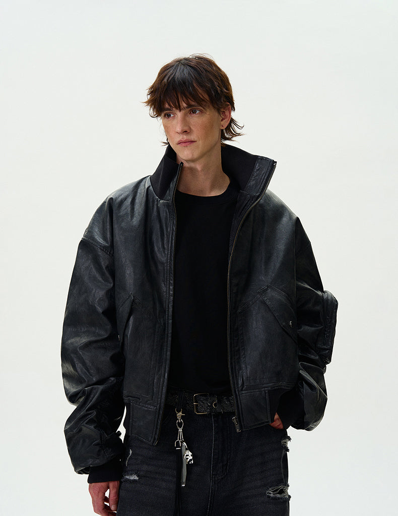 Washed Bomber PU Leather Jacket