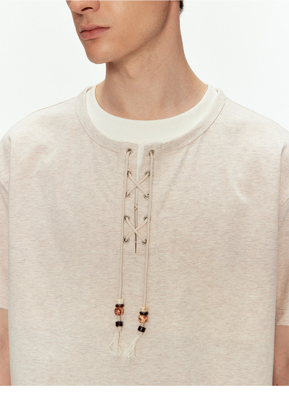 Off-Shoulder Fake Two-Piece T-Shirt with Beads