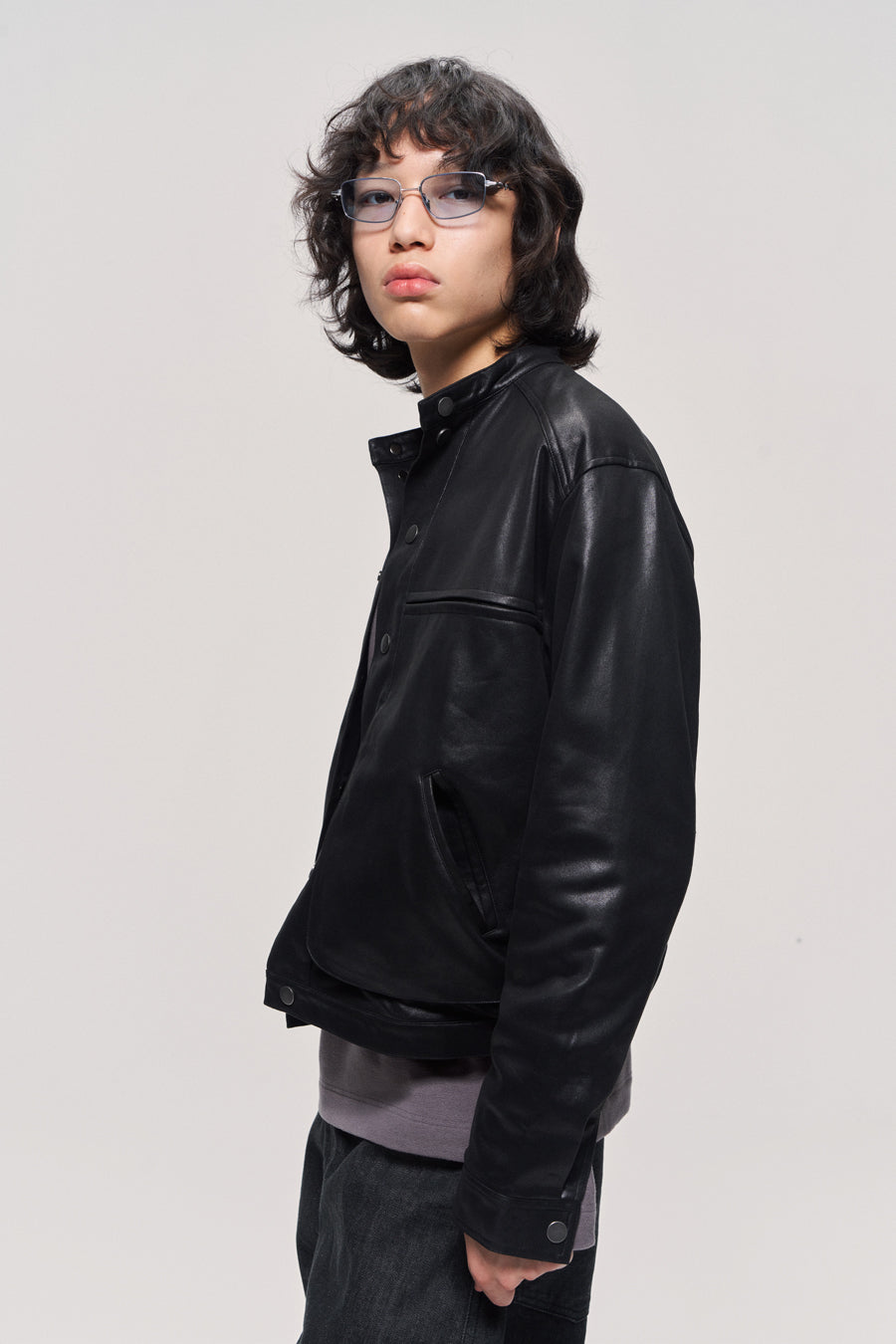 Stand collar leather jacket